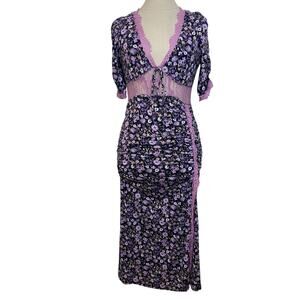 Alania Floral Lace Trim Babydoll Open Back Midi Dress Size Small